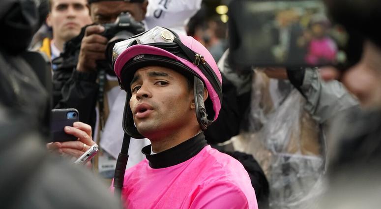 Luis Saez reacts after Maximum Security was disqualified from the 145th running of the Kentucky Derby horse race at Churchill Downs Saturday, May 4, 2019, in Louisville, Ky.