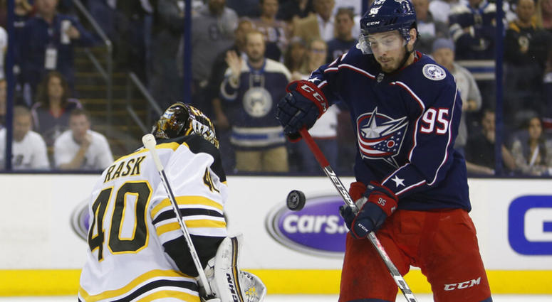 Boston Bruins' Tuukka Rask, left, of Finland, makes a save against Columbus Blue Jackets' Matt Duchene during the second period of Game 6 of an NHL hockey second-round playoff series Monday, May 6, 2019, in Columbus, Ohio. Boston Bruins' Tuukka Rask, left, of Finland, makes a save against Columbus Blue Jackets' Matt Duchene during the second period of Game 6 of an NHL hockey second-round playoff series Monday, May 6, 2019, in Columbus, Ohio.