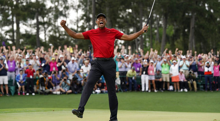 In this Sunday, April 14, 2019, file photo, Tiger Woods reacts as he wins the Masters golf tournament in Augusta, Ga. Woods goes for his next major on May 16 when the PGA Championship starts at Bethpage Black. AP DO NOT USE