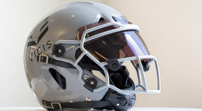 a VICIS Zero1 helmet is displayed in New York. a VICIS Zero1 helmet is displayed in New York.