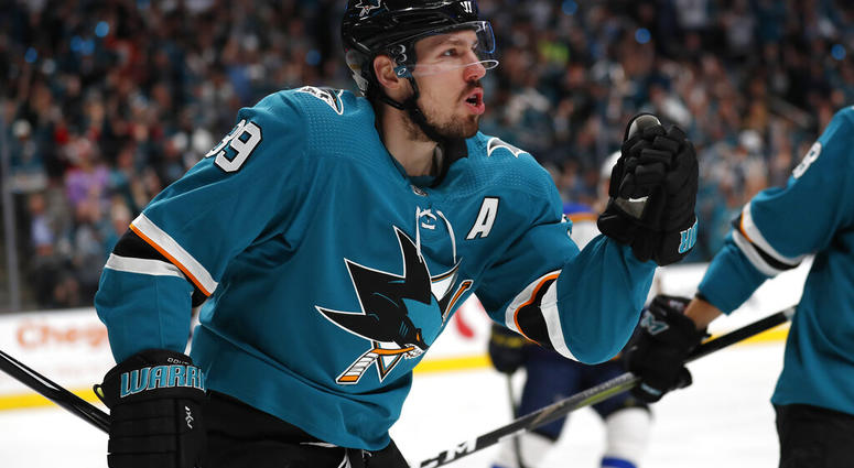 San Jose Sharks' Logan Couture (39) celebrates after scoring a goal against the St. Louis Blues in the first period in Game 1 of the NHL hockey Stanley Cup Western Conference finals in San Jose, Calif., on SaSan Jose Sharks' Logan Couture (39) celebrates AP DO NOT USE