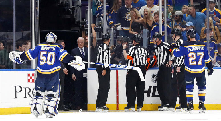 St. Louis Blues goaltender Jordan Binnington (50) and defenseman Alex Pietrangelo (27) argue against the winning goal by the San Jose Sharks in overtime of Game 3 of the NHL hockey Stanley Cup Western Conference final series Wednesday, May 15, 2019, in St St. Louis Blues goaltender Jordan Binnington (50) and defenseman Alex Pietrangelo (27) argue against the winning goal by the San Jose Sharks in overtime of Game 3 of the NHL hockey Stanley Cup Western Conference final series Wednesday, May 15, 2019, in St