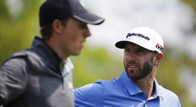 Dustin Johnson, right, and Jordan Spieth prepare to hit off the third tee during the second round of the PGA Championship golf tournament, Friday, May 17, 2019, at Bethpage Black in Farmingdale, N.Y. AP DO NO TUSE