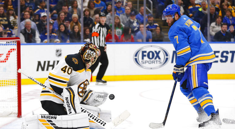 In this Feb. 23, 2019, file photo, Boston Bruins goalie Tuukka Rask (40), of Finland, makes a save against St. Louis Blues' Patrick Maroon (7) during the second period of an NHL hockey game, in St. Louis AP DO NOT USE