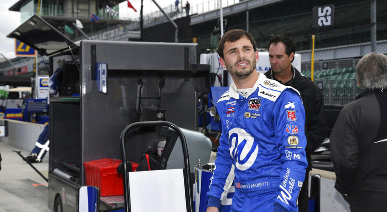 n a photo provided by IMS Photo, Jarrett Andretti waits before testing for the Freedom 100 Indy Lights auto race at Indianapolis Motor Speedway in Indianapolis on Monday, May 20, 2019. AP DO NOT USE