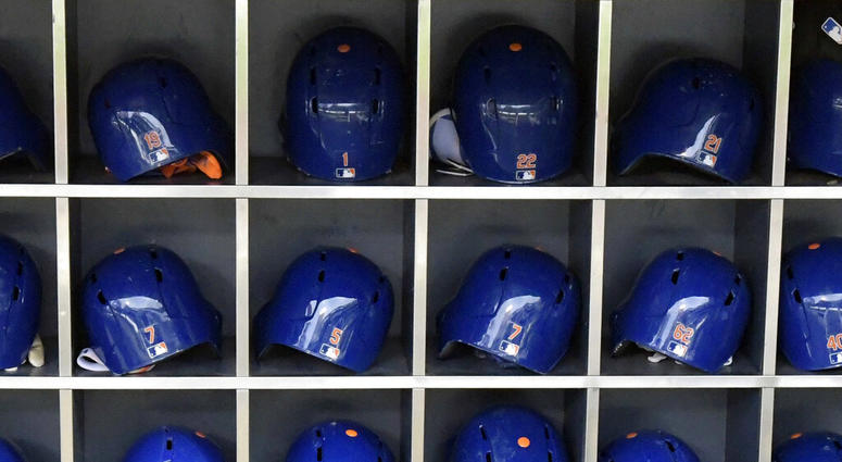 This Sept. 28, 2018 photo shows batting helmets in a rack before a Major League Baseball game in New York. AP DO NOT USE