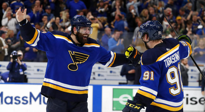 St. Louis Blues center Ryan O'Reilly (90) celebrates with David Perron (57) after O'Reilly scored his second goal of the game AP DO NOT USE