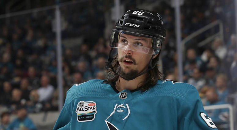 In this Oct. 3, 2018, file photo, San Jose Sharks defenseman Erik Karlsson, from Sweden, watches during a break in the second period of an NHL hockey game against the Anaheim Ducks in San Jose, Calif. AP DO NOT USE