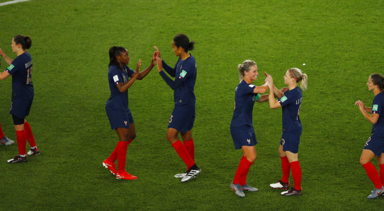 France players celebrate at the end of the Women's World Cup Group A soccer match between France and South Korea at the Parc des Princes in Paris, Friday, June 7, 2019. France won 4-0. France players celebrate at the end of the Women's World Cup Group A soccer match between France and South Korea at the Parc des Princes in Paris, Friday, June 7, 2019. France won 4-0.