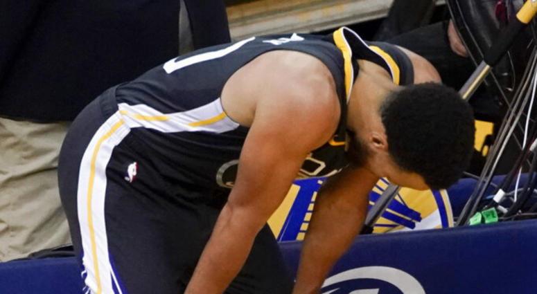 Golden State Warriors guard Stephen Curry reacts during the second half of Game 4 of basketball's NBA Finals against the Toronto Raptors in Oakland, Calif., Friday, June 7, 2019. Golden State Warriors guard Stephen Curry reacts during the second half of Game 4 of basketball's NBA Finals against the Toronto Raptors in Oakland, Calif., Friday, June 7, 2019.