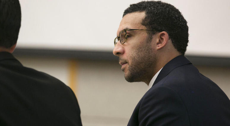 In this May 20, 2019, file photo, former NFL football player Kellen Winslow Jr. looks at attorney Marc Carlos during his rape trial in Vista, Calif. T AP DO NOT USE