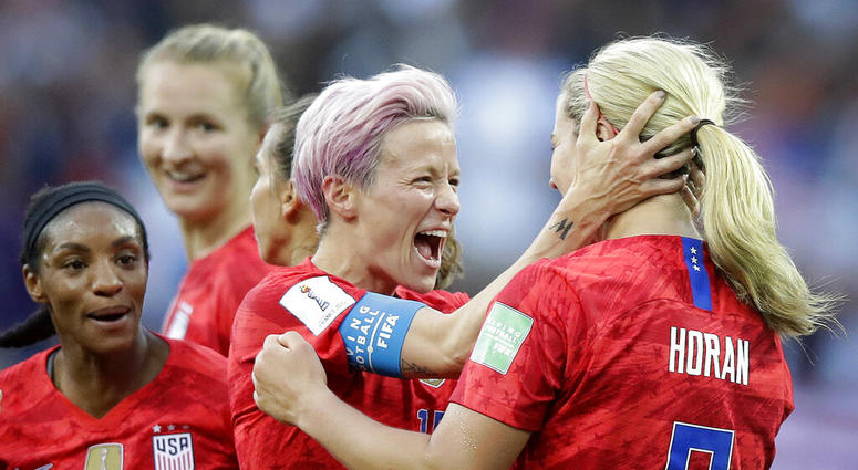United States' scorer Lindsey Horan, right, celebrates their side's 3rd goal with Megan Rapinoe during the Women's World Cup Group F soccer match between United States and Thailand AP DO NOT USE