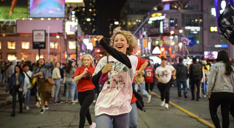 Toronto Raptors supporters celebrate in the streets after the Raptors defeated the Golden State Warriors during Game 6 NBA Finals to win the NBA Championship, in Toronto on Thursday, June 13, 2019. Toronto Raptors supporters celebrate in the streets after the Raptors defeated the Golden State Warriors during Game 6 NBA Finals to win the NBA Championship, in Toronto on Thursday, June 13, 2019.