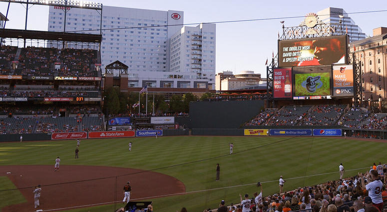 The center field scoreboard displays an image of Boston Red Sox great David Ortiz wishing him a speedy recovery during a baseball game between the Baltimore Orioles and the Red Sox, Friday, June 14, 2019, in Baltimore. The center field scoreboard displays an image of Boston Red Sox great David Ortiz wishing him a speedy recovery during a baseball game between the Baltimore Orioles and the Red Sox, Friday, June 14, 2019, in Baltimore.