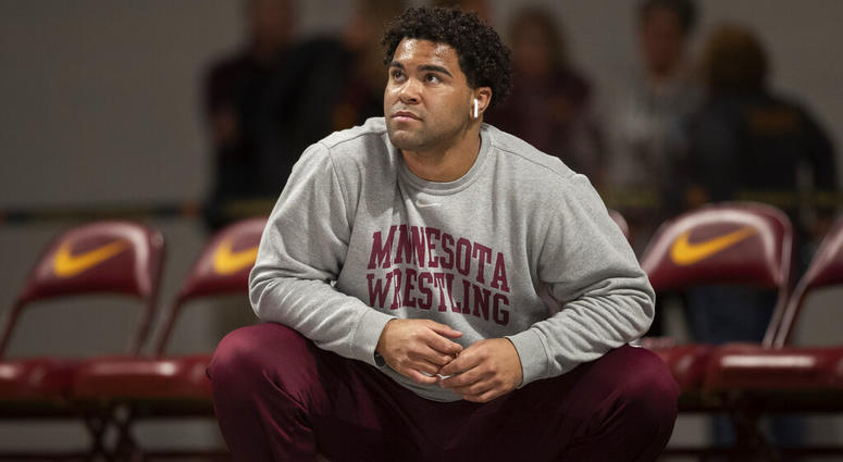 Gable Steveson warms up before wrestling in an NCAA Big Ten tournament in Minneapolis, Minn, Sunday, Jan. 6, 2019. AP DO NOT USE