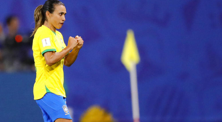 Brazil's Marta reacts during the Women's World Cup Group C soccer match between Italy and Brazil at the Stade du Hainaut in Valenciennes, France, Tuesday, June 18, 2019. AP DO NOT USE