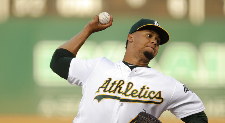 Oakland Athletics pitcher Frankie Montas works against the Tampa Bay Rays during the first inning of a baseball game Thursday, June 20, 2019, in Oakland, Calif. Oakland Athletics pitcher Frankie Montas works against the Tampa Bay Rays during the first inning of a baseball game Thursday, June 20, 2019, in Oakland, Calif.
