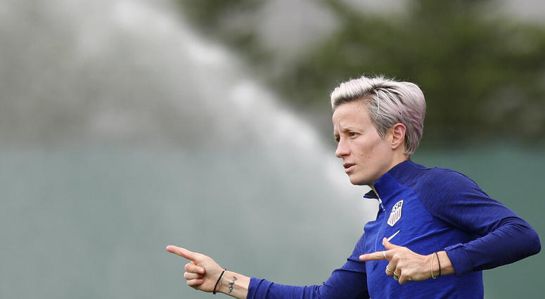 United States' Megan Rapinoe gestures during a training session of the US Women's Soccer team at a training ground in Lyon, France, Monday, July 1, 2019. The US will face England in a Women's World Cup semifinal match Tuesday in Lyon.