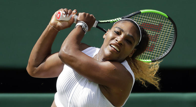 United States' Serena Williams returns to Czech Republic's Barbora Strycova in a Women's semifinal singles match on day ten of the Wimbledon Tennis Championships in London, Thursday, July 11, 2019. United States' Serena Williams returns to Czech Republic's Barbora Strycova in a Women's semifinal singles match on day ten of the Wimbledon Tennis Championships in London, Thursday, July 11, 2019.