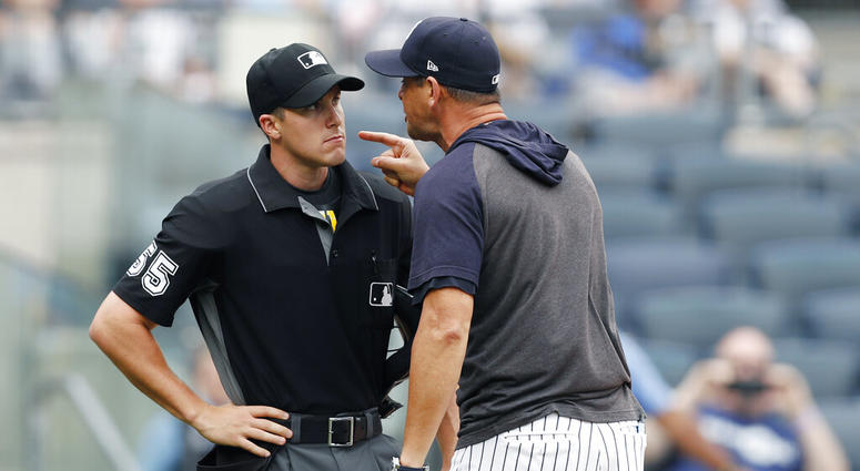 New York Yankees' manager Aaron Boone yells at home plate umpire Brennan Miller during the second inning of the first game of a baseball doubleheader against the Tampa Bay Rays' Thursday, July 18, 2019, in New York. New York Yankees' manager Aaron Boone yells at home plate umpire Brennan Miller during the second inning of the first game of a baseball doubleheader against the Tampa Bay Rays' Thursday, July 18, 2019, in New York.