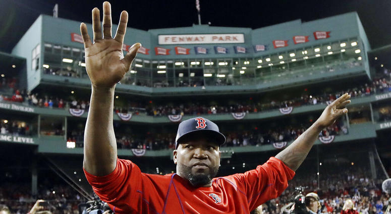Boston Red Sox's David Ortiz waves from the field at Fenway Park after Game 3 of baseball's American League Division Series against the Cleveland Indians in Bosto AP DO NOT USE
