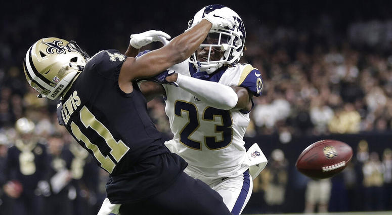 In this Jan. 20, 2019, file photo, Los Angeles Rams' Nickell Robey-Coleman breaks up a pass intended for New Orleans Saints' Tommylee Lewis during the second half of the NFL football NFC championship game in New Orleans. AP DO NO TUSE