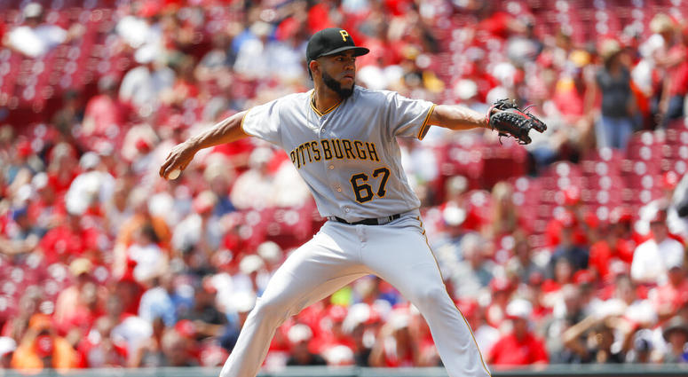 Pittsburgh Pirates starting pitcher Dario Agrazal throws in the first inning of a baseball game against the Cincinnati Reds, Wednesday, July 31, 2019, in Cincinnati. Pittsburgh Pirates starting pitcher Dario Agrazal throws in the first inning of a baseball game against the Cincinnati Reds, Wednesday, July 31, 2019, in Cincinnati.