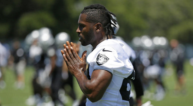 n this June 11, 2019, file photo, Oakland Raiders wide receiver Antonio Brown is shown during an NFL football minicamp in Alameda, Calif. The Raiders and their big personalities like Antonio Brown and Richie Incognito are ready to be stars on HBO