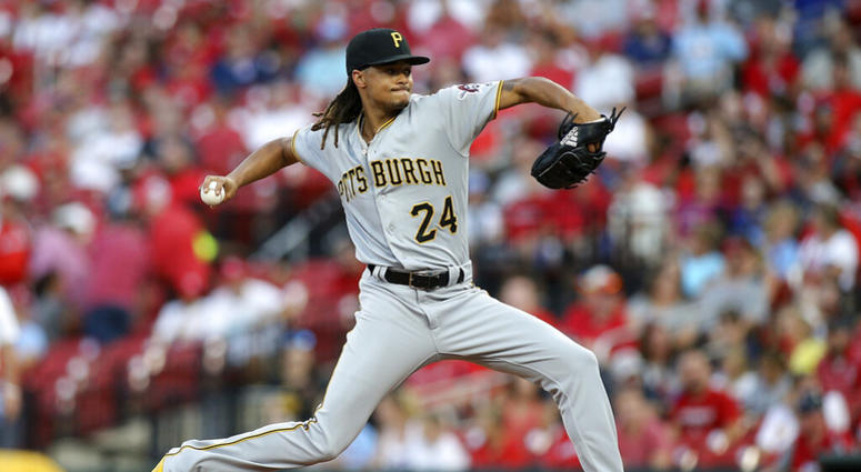 Pittsburgh Pirates starting pitcher Chris Archer throws during the first inning of a baseball game against the St. Louis Cardinals, Friday, Aug. 9, 2019, in St. Louis.
