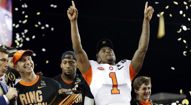 In this Jan. 7, 2019, file photo, Clemson's Trayvon Mullen celebrates after the NCAA college football playoff championship game against Alabama, in Santa Clara, Calif. AP DO NOT USE