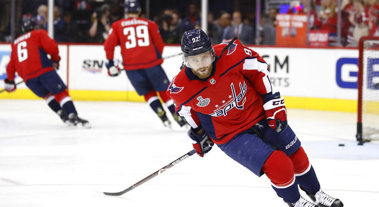 In this Saturday, June 2, 2018 file photo, Washington Capitals forward Evgeny Kuznetsov, of Russia, warms up before Game 3 of the team's NHL hockey Stanley Cup