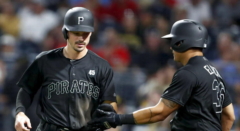 Pittsburgh Pirates' Bryan Reynolds, left, is greeted by on-deck batter Jose Osuna after scoring on a groundout by Colin Moran during the sixth inning of the team's baseball game against the Cincinnati Reds, Friday, Aug. 23, 2019, in Pittsburgh. Pittsburgh Pirates' Bryan Reynolds, left, is greeted by on-deck batter Jose Osuna after scoring on a groundout by Colin Moran during the sixth inning of the team's baseball game against the Cincinnati Reds, Friday, Aug. 23, 2019, in Pittsburgh.