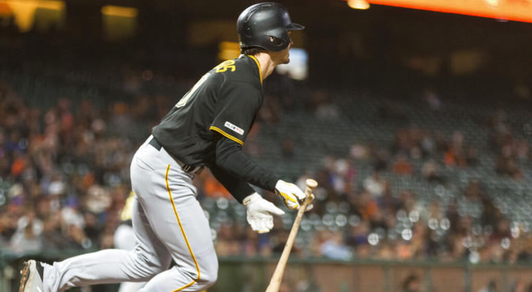 Pittsburgh Pirates' Bryan Reynolds hits a RBI single for the go-ahead run against the San Francisco Giants in the ninth inning of a baseball game in San Francisco, Monday, Sept. 9, 2019. AP DO NOT USE