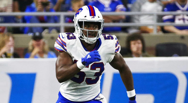 In this Aug. 23, 2019, file photo, Buffalo Bills linebacker Tyrel Dodson (53) plays against the Detroit Lions
