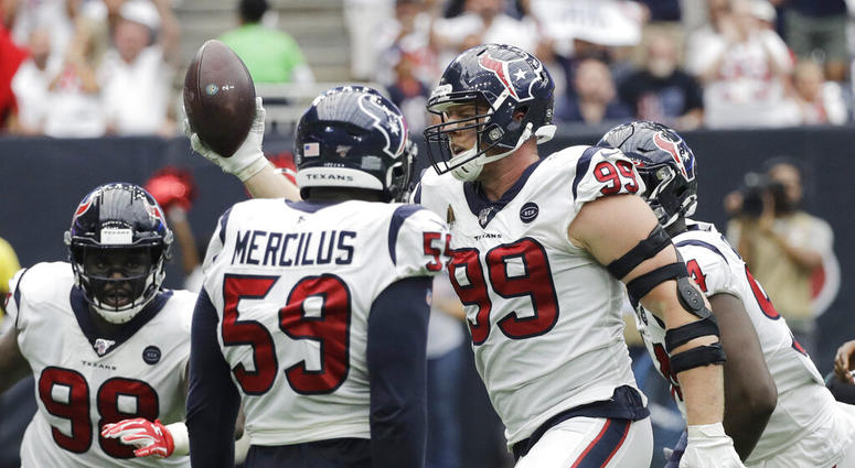 Houston Texans defensive end J.J. Watt (99) celebrates after he recovered a ball fumbled by Jacksonville Jaguars quarterback Gardner Minshew during the second half of an NFL football game Sunday, Sept. 15, 2019, in Houston. ( Houston Texans defensive end J.J. Watt (99) celebrates after he recovered a ball fumbled by Jacksonville Jaguars quarterback Gardner Minshew during the second half of an NFL football game Sunday, Sept. 15, 2019, in Houston. (