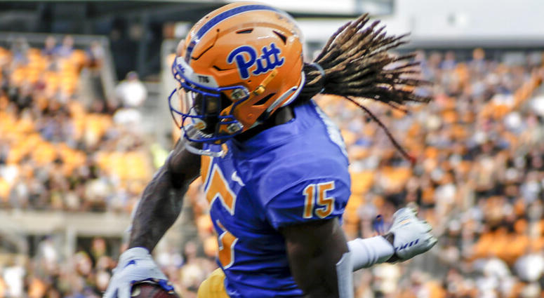 Pittsburgh defensive back Jason Pinnock (15) intercepts a Central Florida pass in the end zone during the first half of an NCAA college football game, Saturday, Sept. 21, 2019, in Pittsburgh