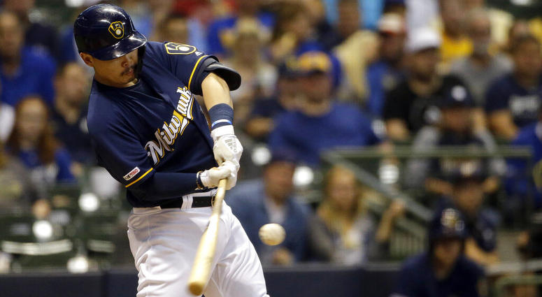 Milwaukee Brewers' Keston Hiura hits a two-run home run during the first inning of a baseball game against the Pittsburgh Pirates, Saturday, Sept. 21, 2019, in Milwaukee AP DO NOTUSE