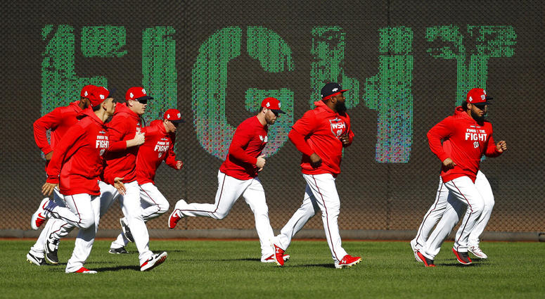 Members of the Washington Nationals participate in a baseball workout, Friday, Oct. 18, 2019, in Washington, in advance of the team's appearance in the World Series. Members of the Washington Nationals participate in a baseball workout, Friday, Oct. 18, 2019, in Washington, in advance of the team's appearance in the World Series.