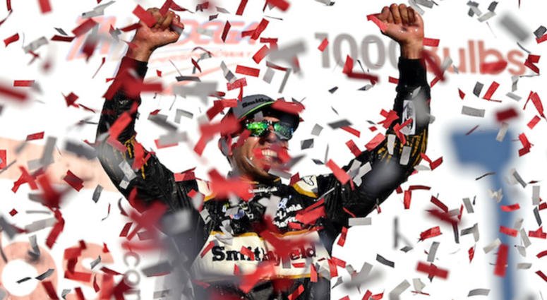 NASCAR Cup Series driver Aric Almirola celebrates winning the 1000Bulbs.com at Talladega Superspeedway. Stewart-Haas Racing's Aric Almirola Celebrates 1000Bulbs.com Win At Talladega Superspeedway
