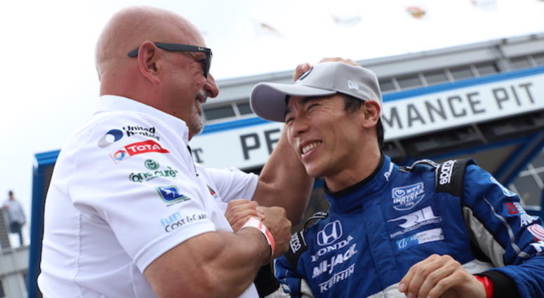 Team Co-owner Bobby Rahal Congratulates Driver Takuma Sato On Winning The NTT IndyCar Series Pole Position For The Honda Grand Prix Of Alabama Bobby Rahal And Takuma Sato At NTT IndyCar Series Qualifying At Barber Motorsports Park