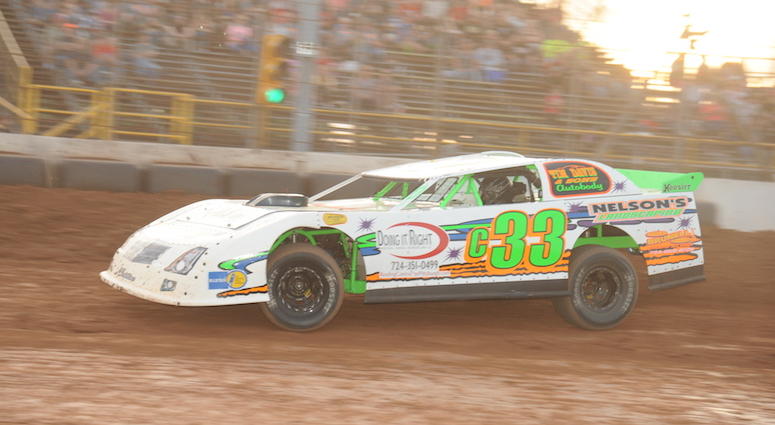 Corey McPherson in the No. c33 Pro Stock kicking up the dirt at Lernerville Speedway Corey McPherson in the No. c33 Pro Stock at Lernerville Speedway