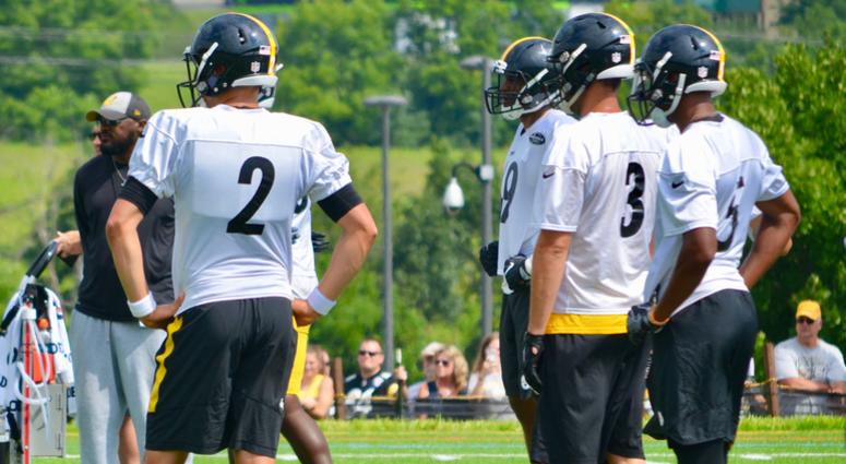 Steelers quarterbacks Mason Rudolph (2), Landry Jones (3) and Joshua Dobbs (5) at Steelers training camp in 2018
