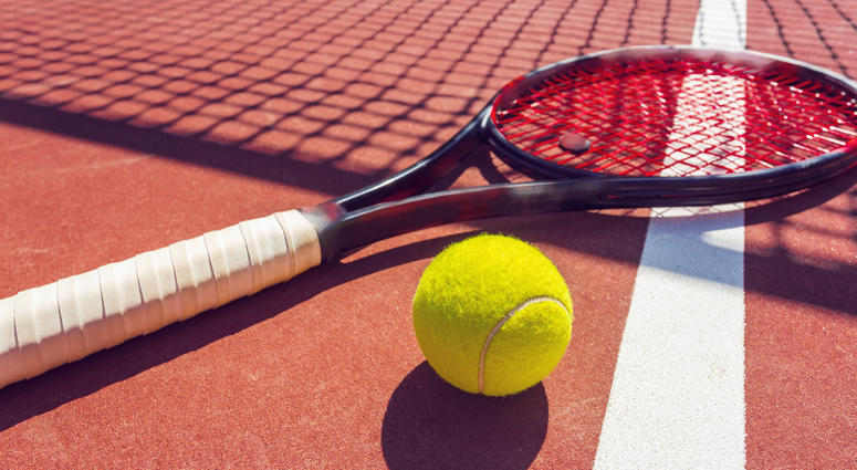 Tennis balls and racket on the grass court