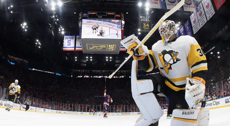 Matt Murray #30 of the Pittsburgh Penguins pauses following the game winning goal by Jordan Eberle #7 of the New York Islanders in Game Two of the Eastern Conference First Round during the 2019 NHL Stanley Cup Playoffs Matt Murray #30 of the Pittsburgh Penguins pauses following the game winning goal by Jordan Eberle #7 of the New York Islanders in Game Two of the Eastern Conference First Round during the 2019 NHL Stanley Cup Playoffs