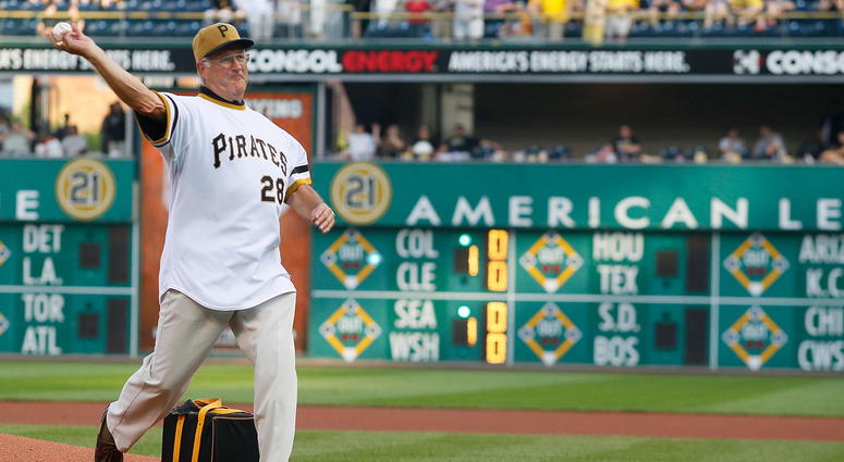Steve Blass #28 of the World Series Champion 1971 Pittsburgh Pirates throws out the first pitch before the game against the Baltimore Orioles on June 21, 2011 DO NOT USE