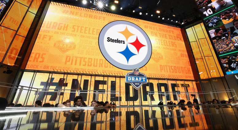The Pittsburgh Steelers logo is seen on a video board during the first round of the 2018 NFL Draft The Pittsburgh Steelers logo is seen on a video board during the first round of the 2018 NFL Draft