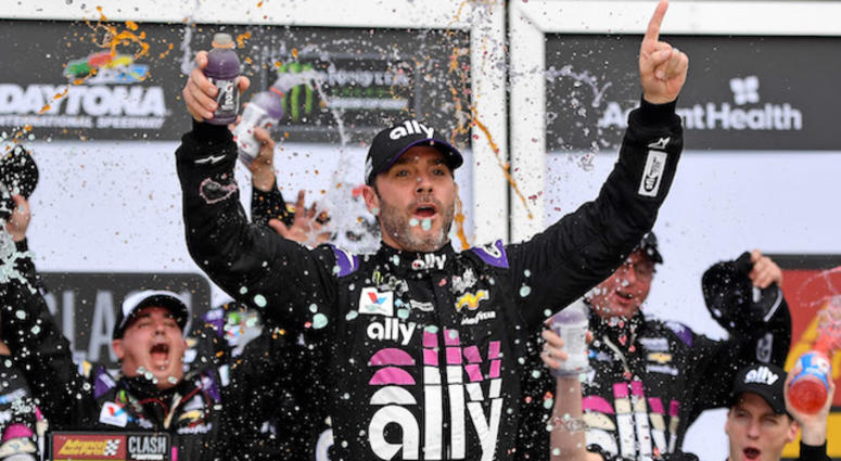 Jimmie Johnson Celebrates In Victory Lane At Daytona International Speedway After Winning Advance Auto Parts Clash Jimmie Johnson Wins Clash At Daytona International Speedway