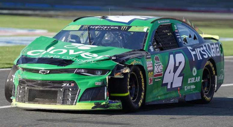 Kyle Larson's Battered No. 42 Clover/First Data Chip Ganassi Racing Chevrolet Limps Down Pit Road At Charlotte Motor Speedway's ROVAL Kyle Larson No. 42 Clover/First Data Chevrolet