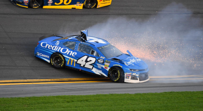 The No. 42 Credit One Bank Chip Ganassi Racing Chevrolet Camaro Of Kyle Larson Spins After Cutting A Tire At Daytona 500 Kyle Larson's No. 42 Credit One Bank Chip Ganassi Racing Camaro