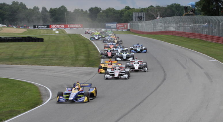 Alexander Rossi leads the IndyCar after the green flag waves at the Mid-Ohio Sports Car Course in 2018 Alexander Rossi leads the IndyCar field to the green flag at the Mid-Ohio Sports Car Course